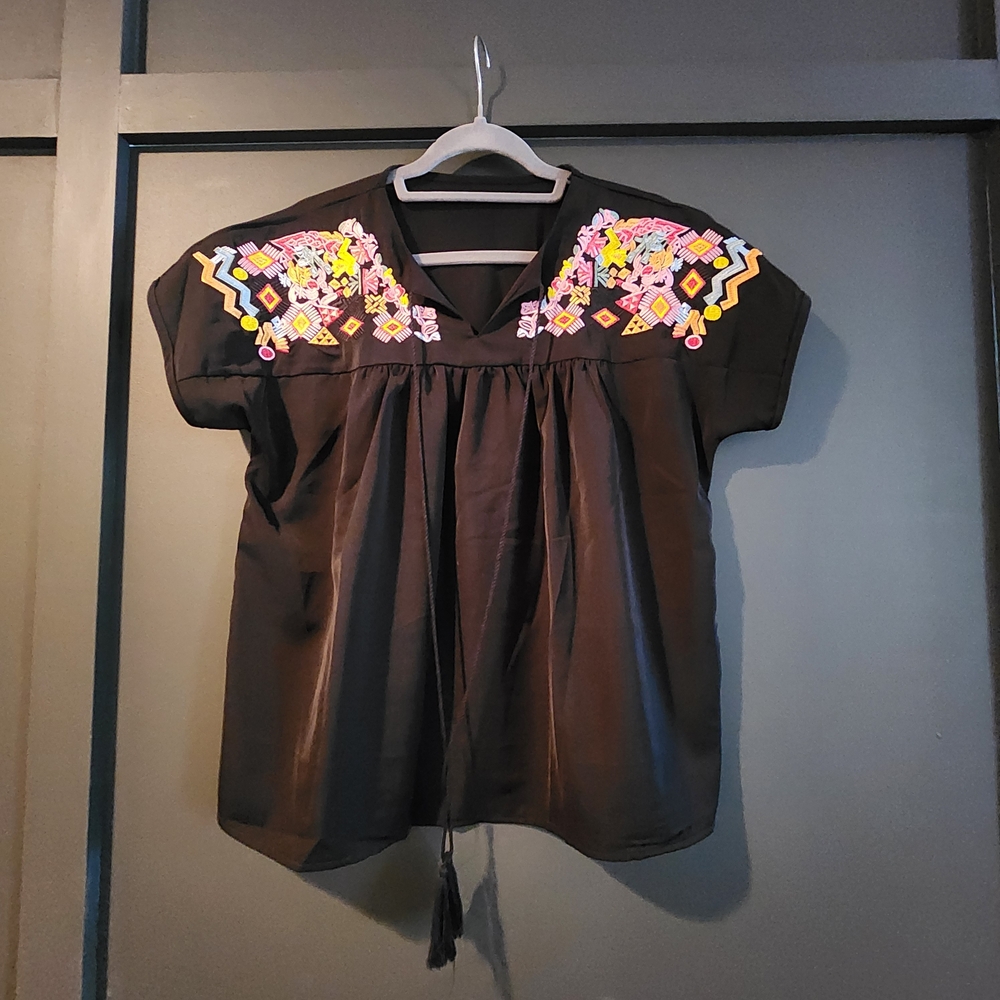 Zara Black Blouse with Colorful Embroidery